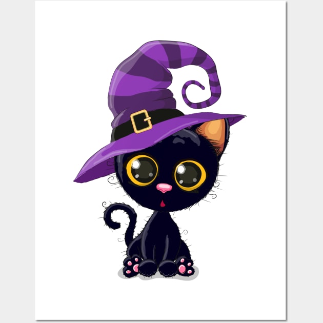 Cute black cat in a witch hat. The Witch's Cat. Wall Art by Reginast777